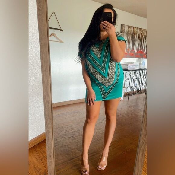 Emerald green printed mini dress - Picture 1 of 4